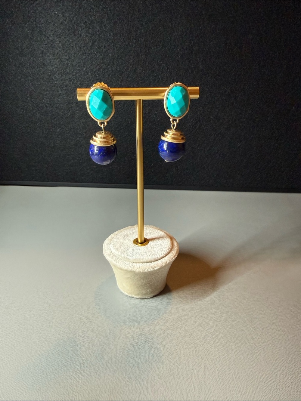 Turquoise & Cobalt Blue Gold Tone Drop Statement Earrings 🗽🖤